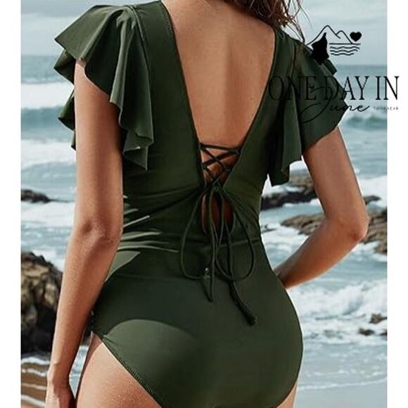 Blooming Jelly Lace Up Ruffle Shoulder One Piece Swimsuit Size M - Picture 2 of 7